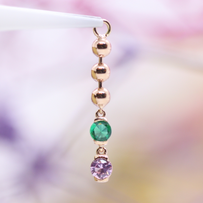 Beaded two faced long charm - Lab created Green Zircon & Pink Sapphire - RG
