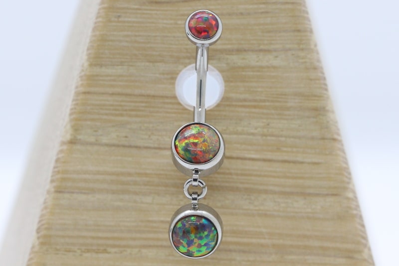 Bezel-set Faux-pal Gem Curved Barbell with Dangles - Red opal